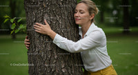 Woman Embracing Tree in Lush Green Forest