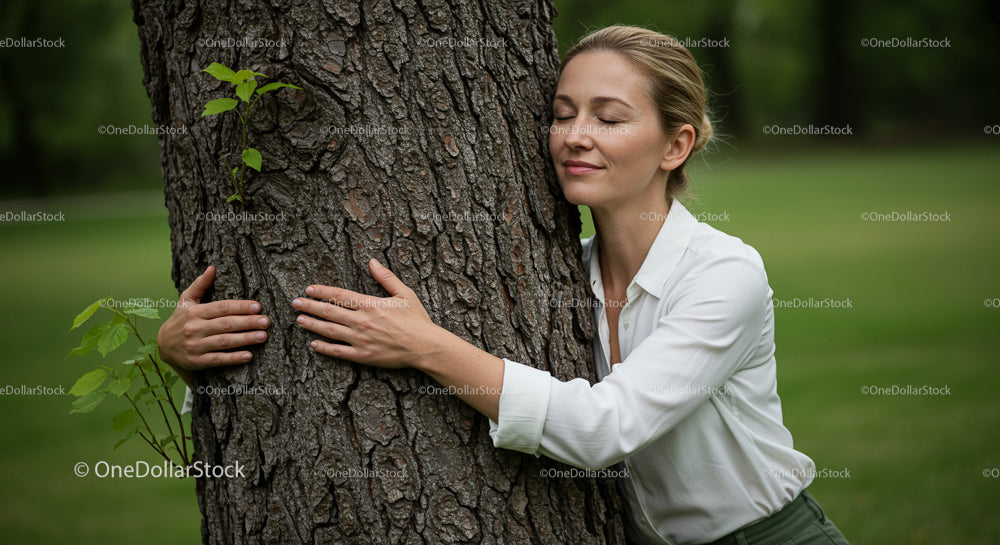 Woman Embracing Tree in Tranquil Green Park