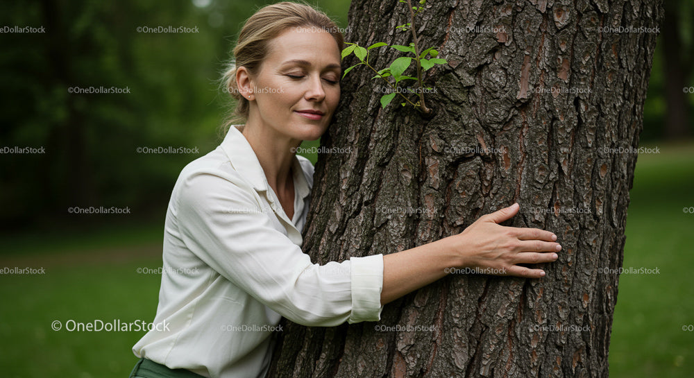 Woman Embracing Tree in Green Forest Setting