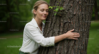 Woman Embracing Tree in Green Forest Setting