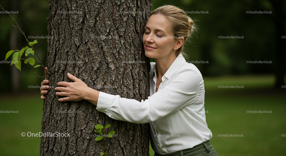 Woman Embracing Tree in Serene Green Park