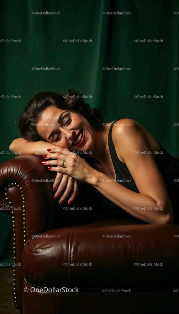 Smiling Woman Relaxing on a Brown Leather Couch