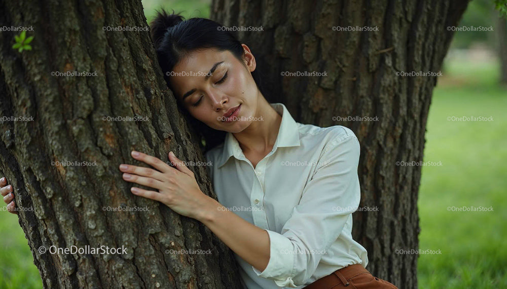 Peaceful Woman Embracing a Tree in Tranquil Nature