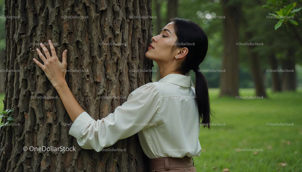 Woman Embracing a Tree in a Peaceful Forest Setting