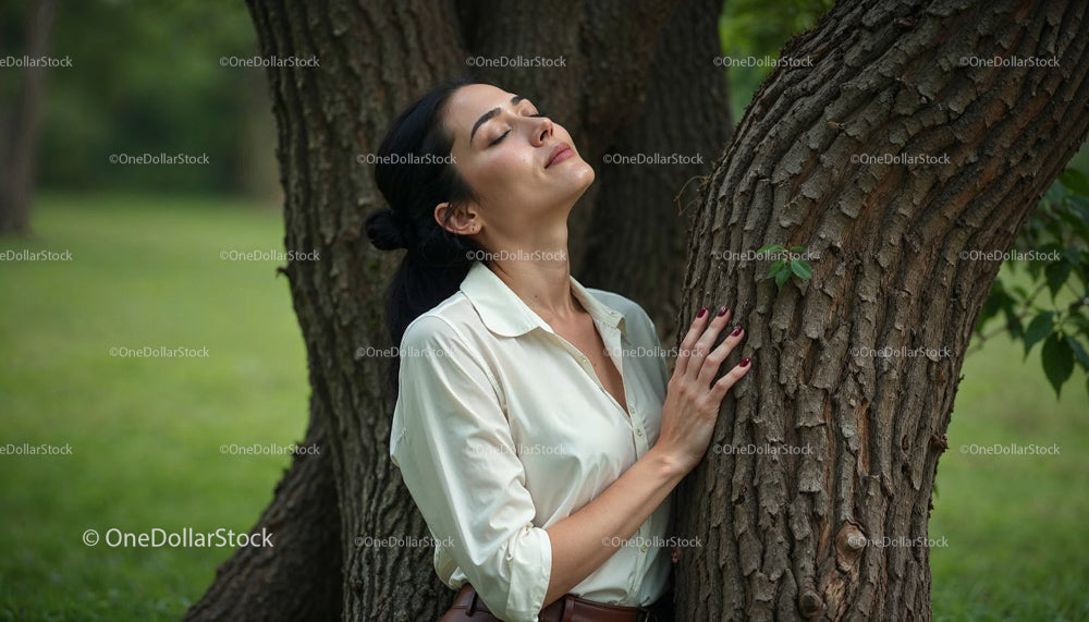 Serene Woman in White Blouse Embracing a Tree in Nature