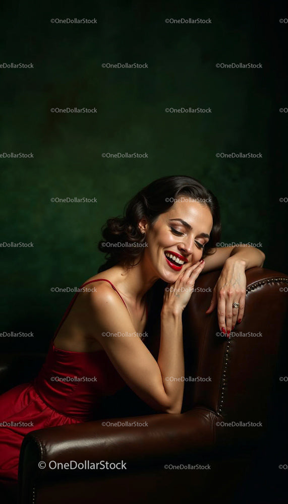 Elegant Woman in Red Dress Relaxing on Leather Chair