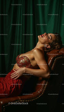 Elegant Woman in Red Dress Relaxing on Vintage Chair