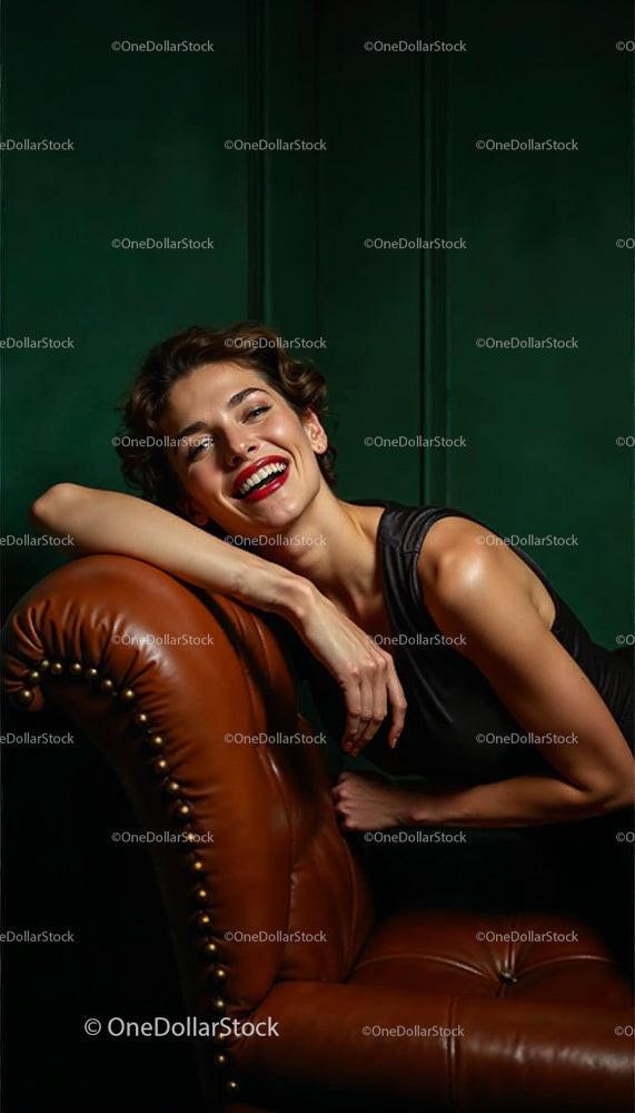 Smiling Woman Relaxing on a Brown Leather Sofa