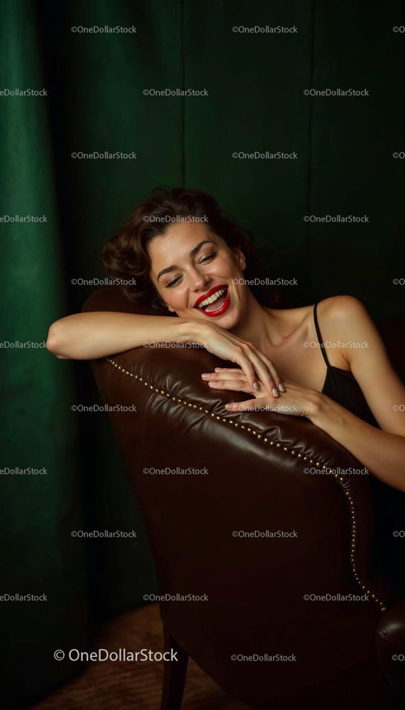 Smiling Woman Relaxing on Leather Chair in Vintage Setting