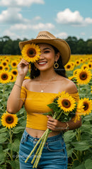 Smiling Woman in Sunflower Field with Straw Hat