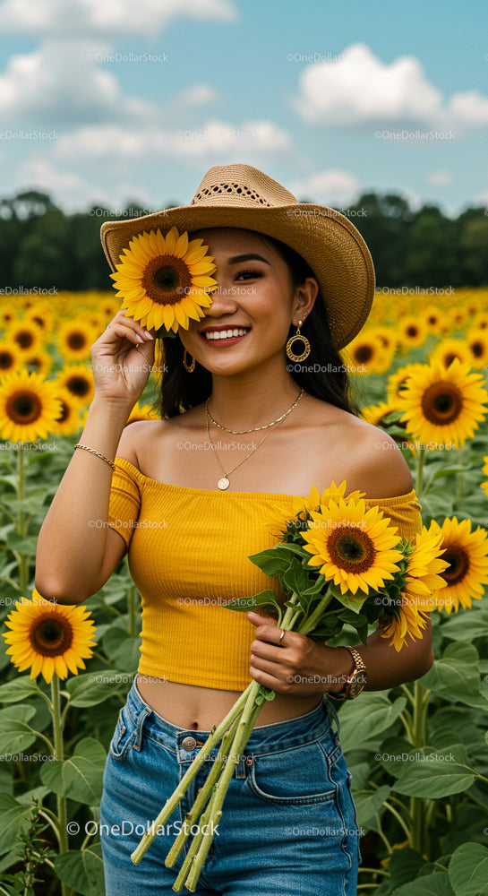 Smiling Woman in Sunflower Field with Straw Hat