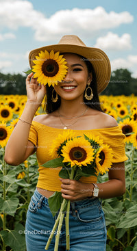 Woman in Sunflower Field Wearing Straw Hat and Yellow Top