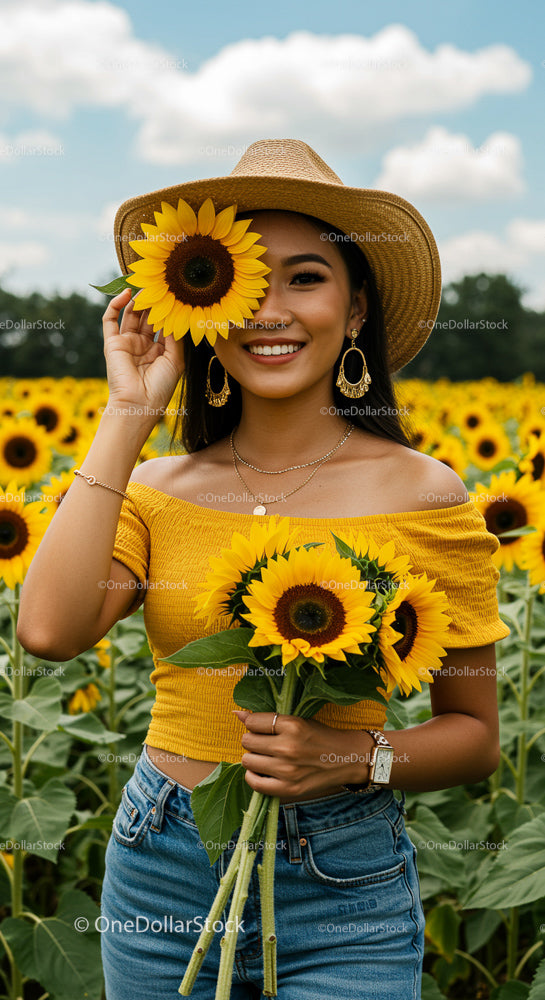 Woman in Sunflower Field Wearing Straw Hat and Yellow Top