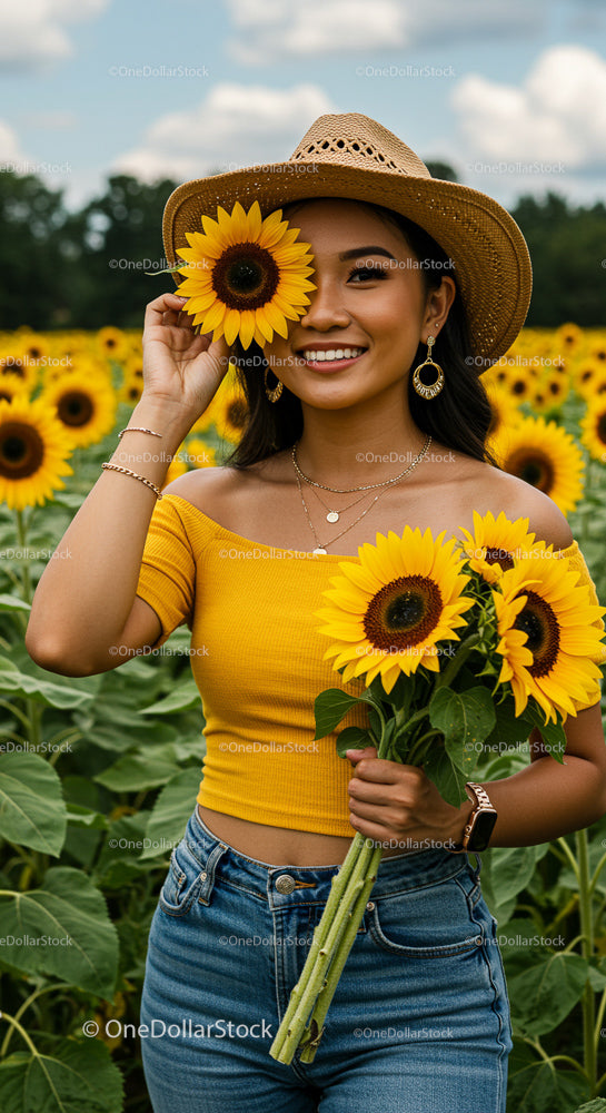 Smiling Woman in Sunflower Field with Bouquet