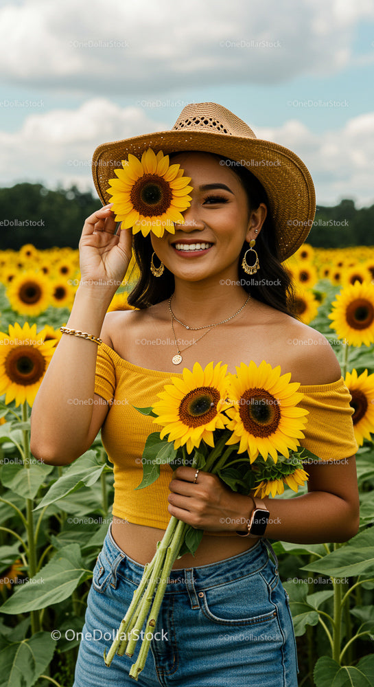 Smiling Woman Holding Sunflowers in a Sunny Field