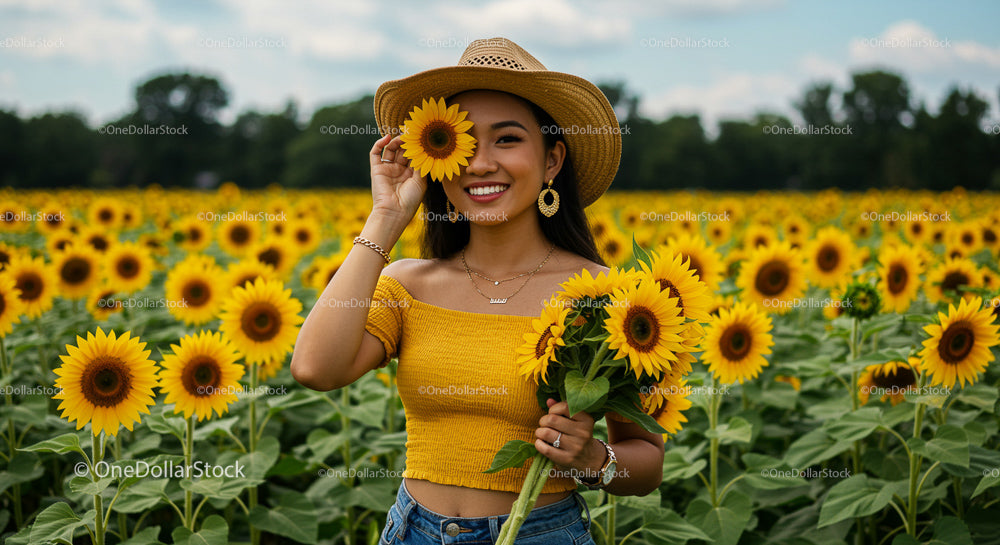 Smiling Woman Holding Sunflowers in a Vibrant Field
