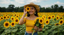 Smiling Woman Holding Sunflowers in a Vibrant Field