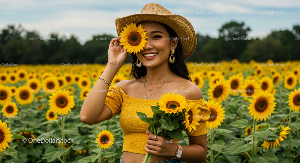 Smiling Woman in Sunflower Field on a Sunny Day