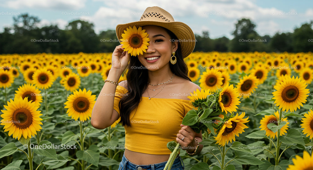 Joyful Woman in Sunflower Field with Bright Yellow Blossoms