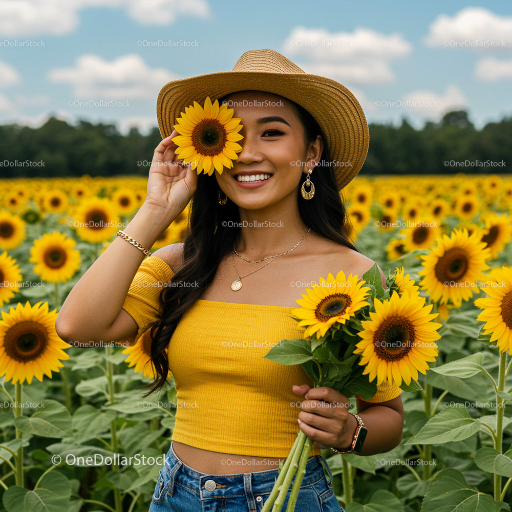 Joyful Woman in Sunflower Field on a Sunny Day