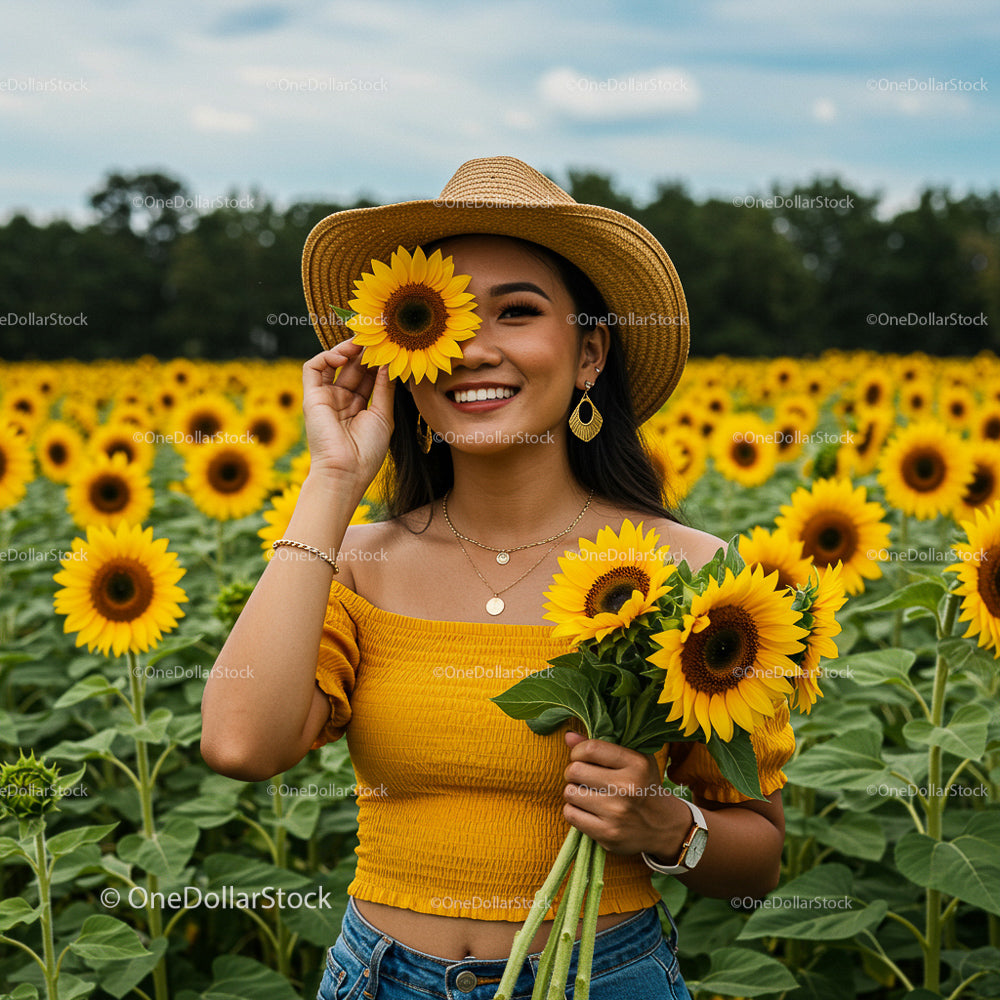 Cheerful Woman Enjoying a Sunflower Field in Summer