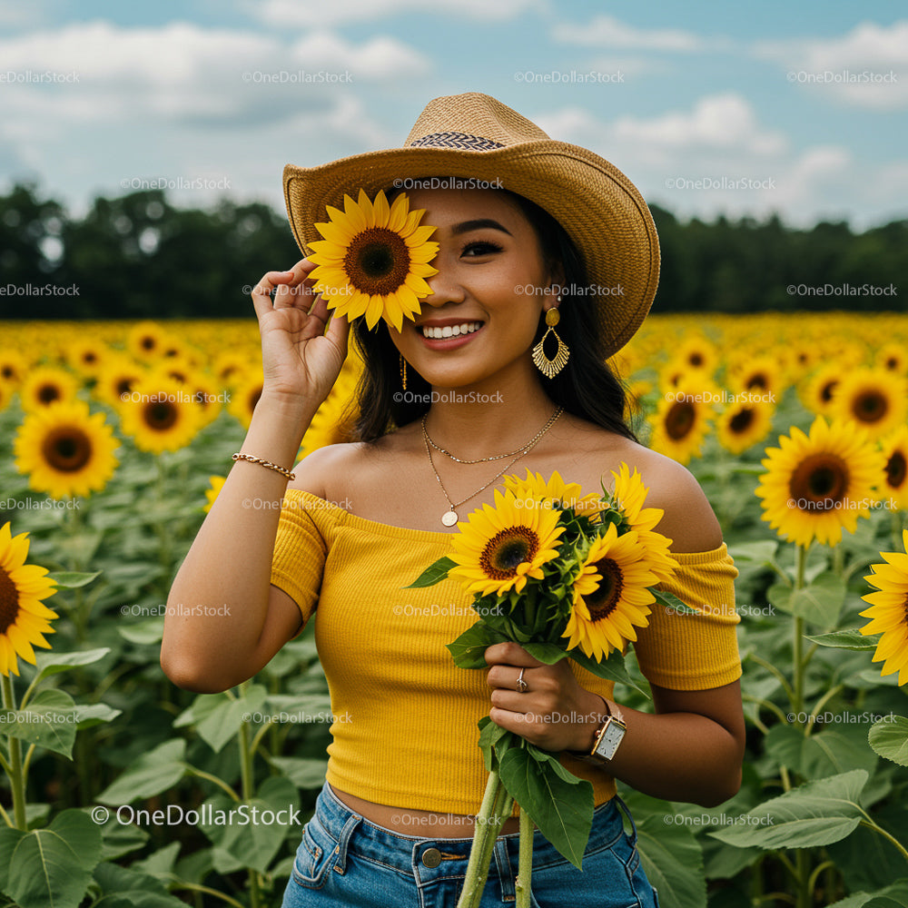 Woman in Sunflower Field Wearing Straw Hat Smiling Brightly