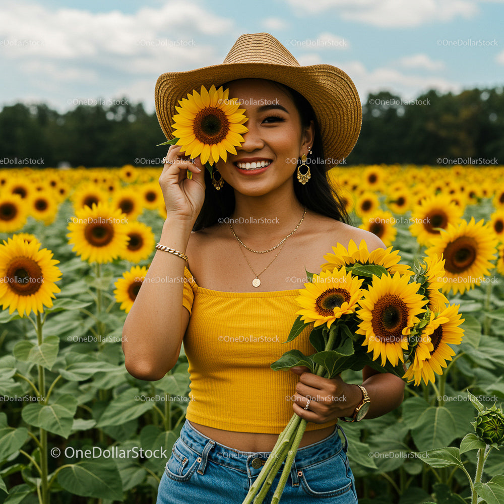 Woman in Straw Hat Smiling with Sunflowers in Blooming Field