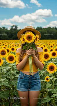 Woman in Straw Hat Holding Sunflowers in Blooming Field
