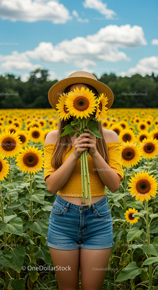 Woman in Straw Hat Holding Sunflowers in Blooming Field