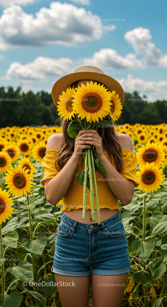 Woman in Sunflower Field with Straw Hat and Bouquet