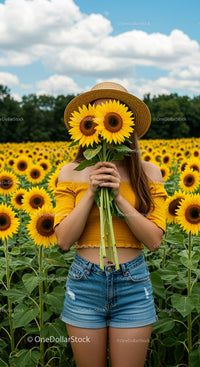 Young Woman in Sunflower Field on a Bright Summer Day