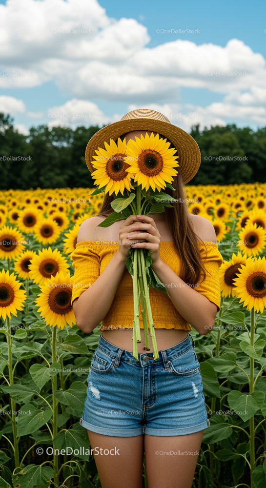 Young Woman in Sunflower Field on a Bright Summer Day