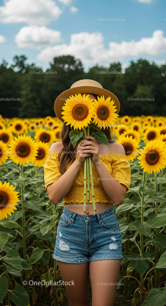 Woman with Straw Hat in Sunflower Field