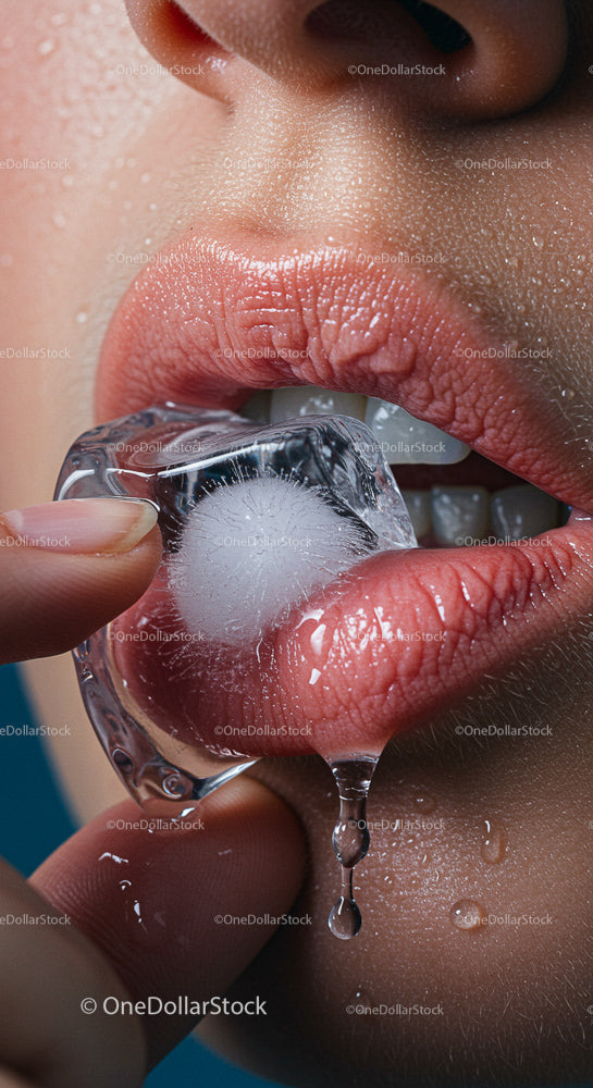 Sensual Close-Up of Red Lips with Ice Cube