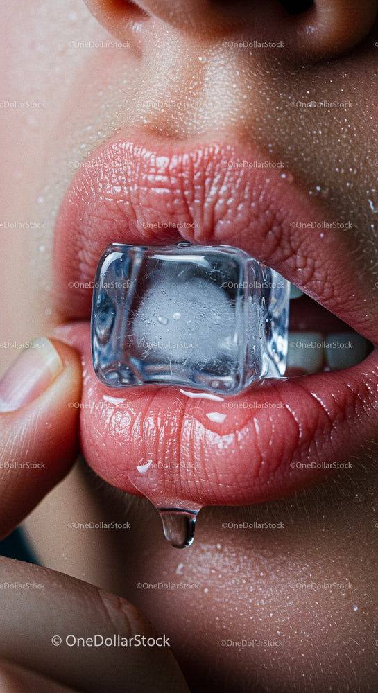 Close-Up of Lips with Ice Cube and Water Droplets
