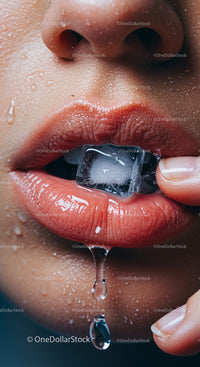 Close-Up of Wet Lips Holding Ice Cube