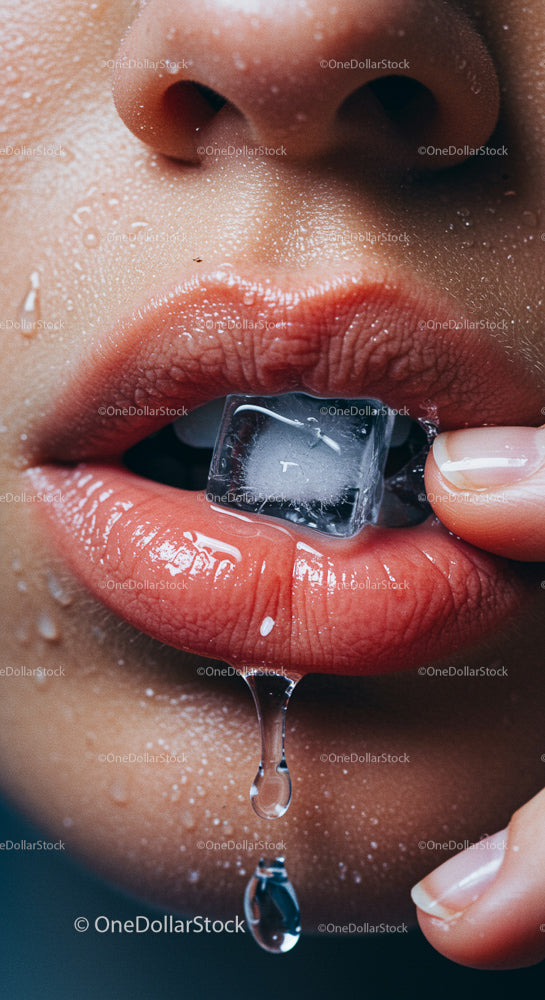 Close-Up of Wet Lips Holding Ice Cube