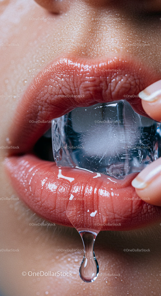 Close-Up of Lips Holding a Melting Ice Cube
