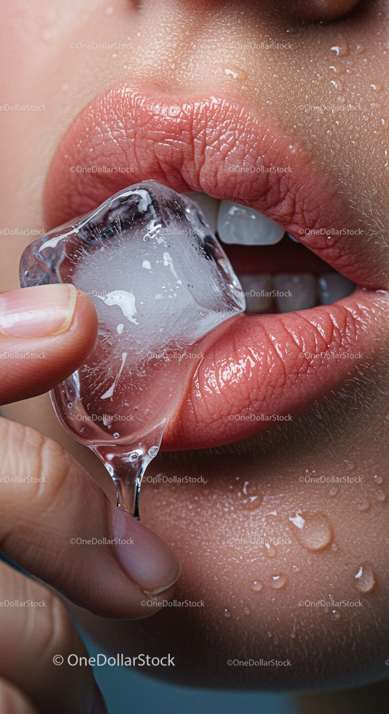 Sensual Close-up of Lips with Ice Cube Refreshment