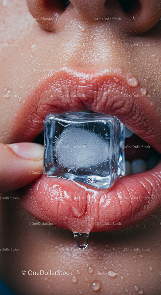 Close-Up of Sensual Lips with Melting Ice Cube