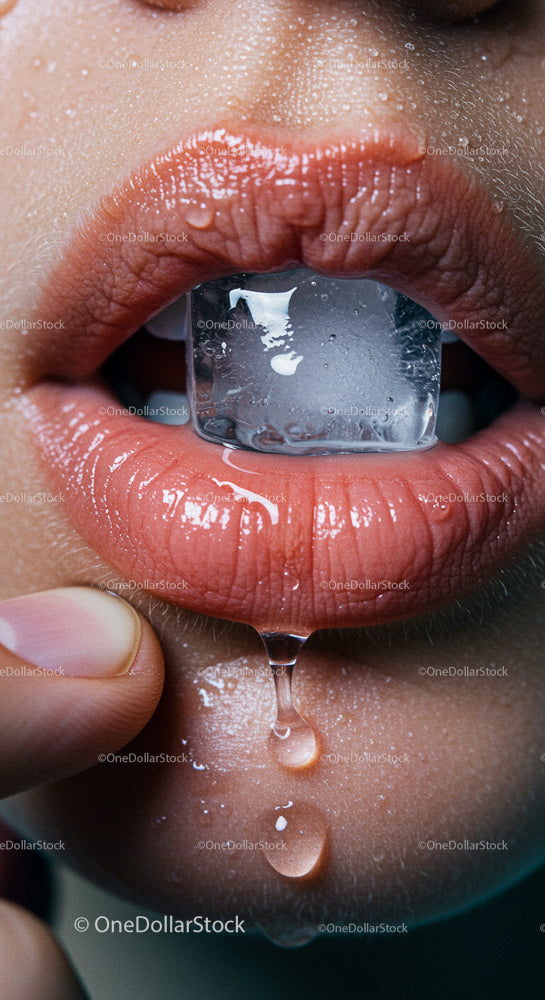Close-up of Glossy Lips Holding Ice Cube