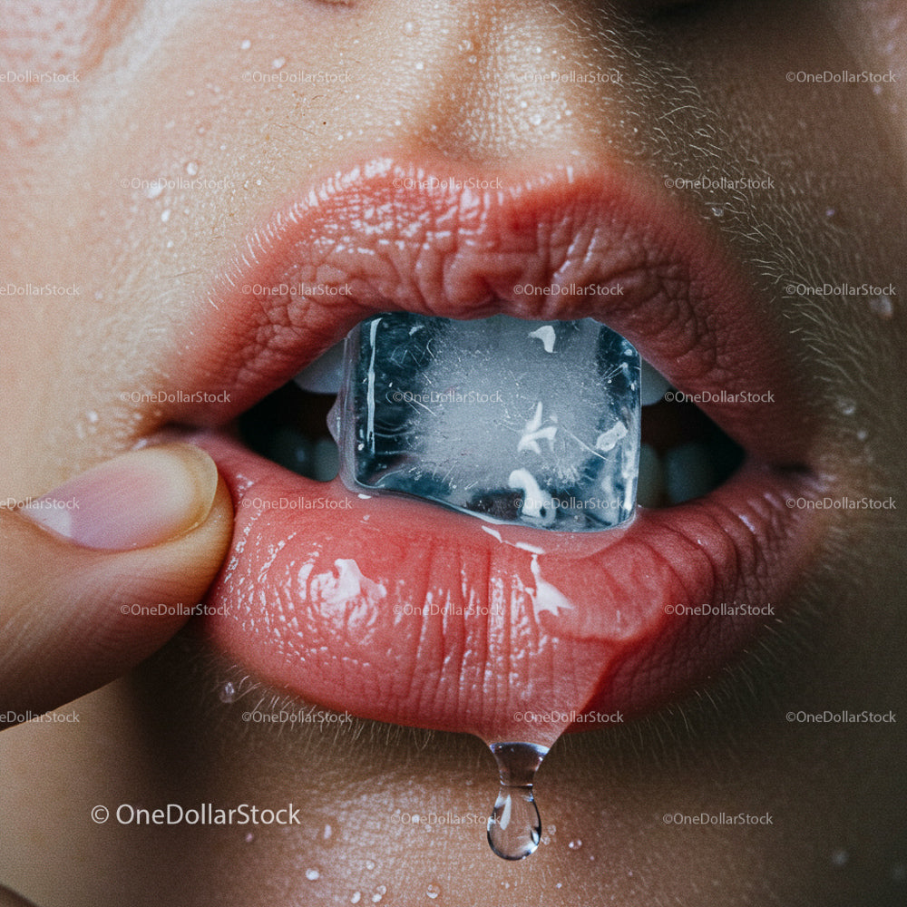 Close-Up of Lips with Ice Cube for Cooling Sensation