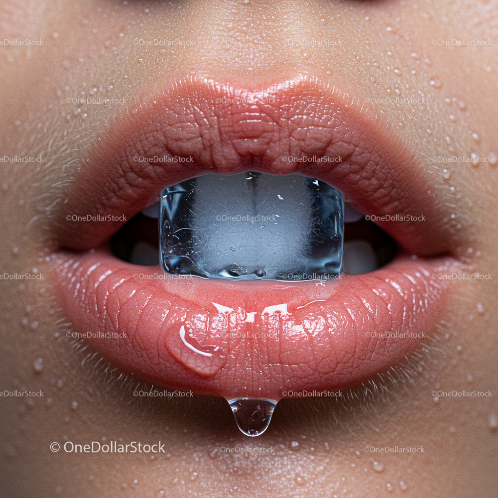 Close-Up of Sensual Lips with Ice Cube and Water Droplets