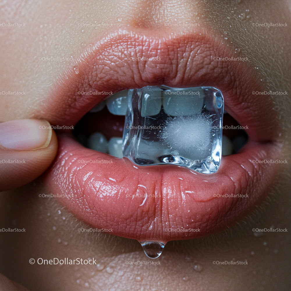 Close-Up of Wet Lips with Ice Cube for Sensual Style