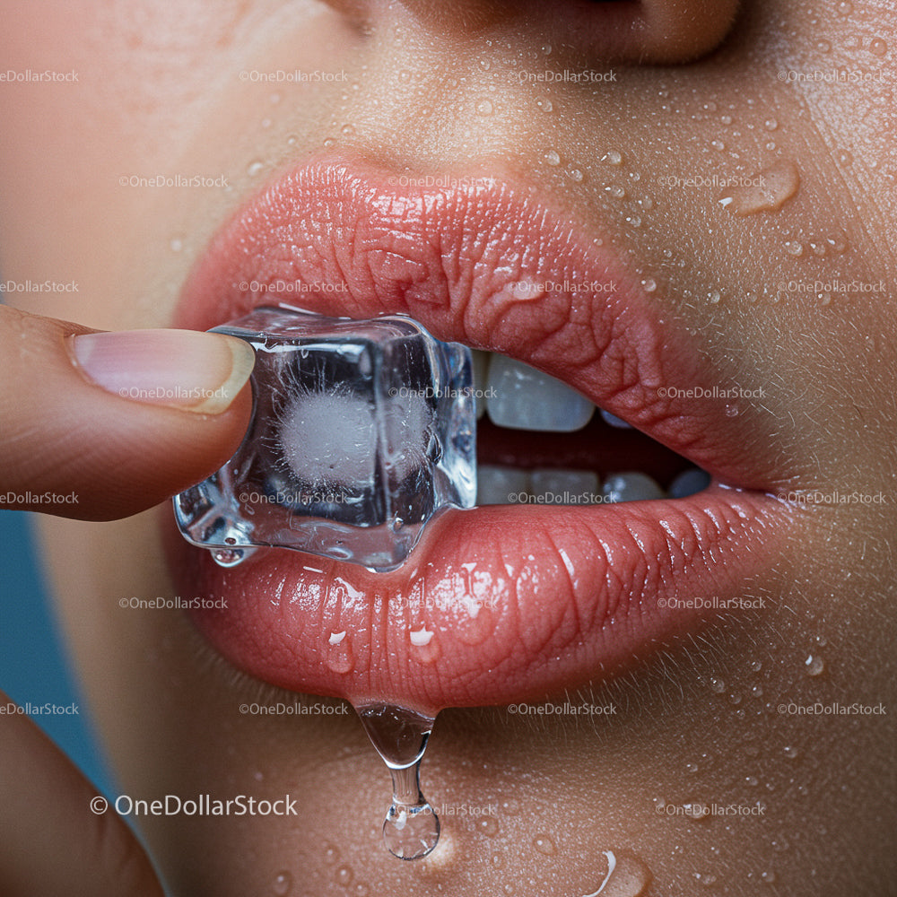 Close-up of Sensual Lips Holding Melting Ice Cube