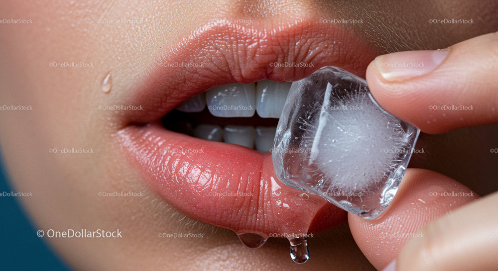 Close-up of Sensual Lips with Ice Cube