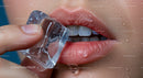 Refreshing Lips with Melting Ice Cube and Water Droplets