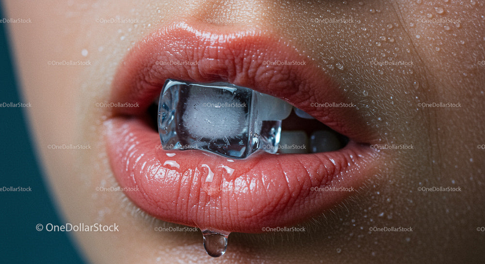 Close-Up of Lips Holding Ice Cube with Water Droplets