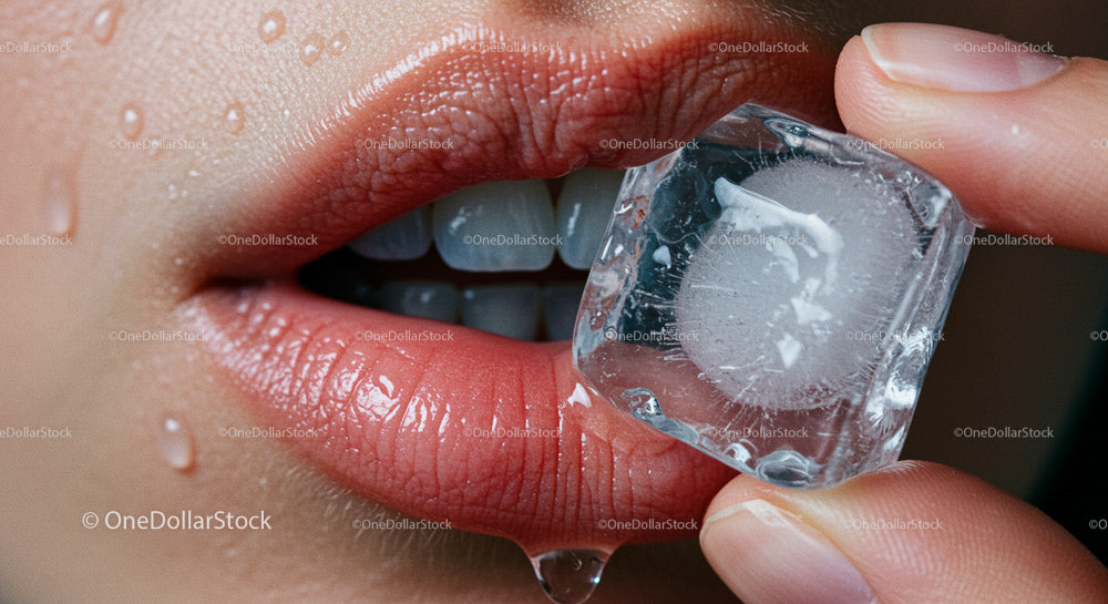 Close-Up of Sensual Lips Holding Ice Cube