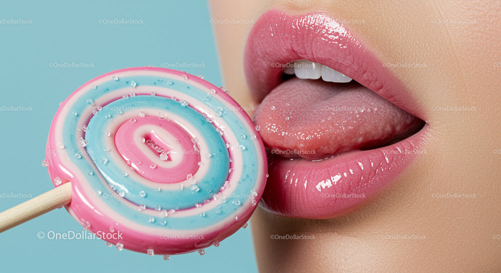 Closeup of Glossy Lips with Colorful Lollipop